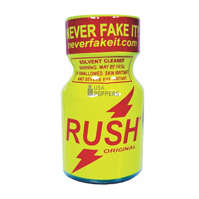 Iconic yellow bottle of Rush PWD poppers with red cap and "Never Fake It" logo, 10ml size. 